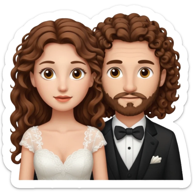 wedding couple woman with brown hair and eyes man with long curly hair and facial hair sticker