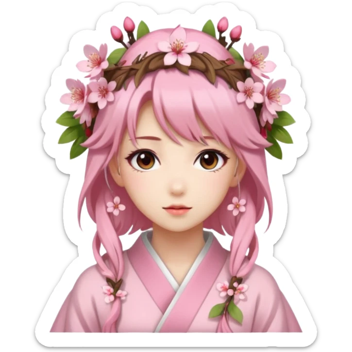 A Gorgeous Beautiful Anime Lady with a Sakura Cherry Blossom Headdress and Pretty Hair  sticker
