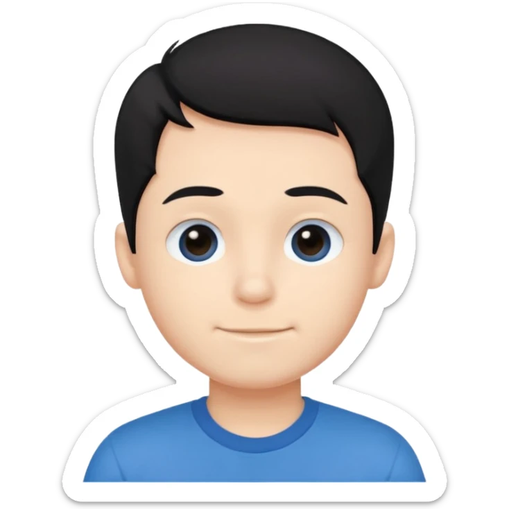 Cute cartoon-style boy portrait, black hair, blue t-shirt, big black eyes, closed mouth,clean bold lines, flat colors, minimal shading sticker