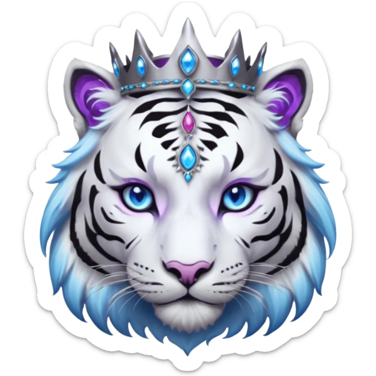 ESO Female white/black tiger khajiit leader of the umbral rose, glowing blue eyes, glowing blue 'third eye' gem; purple gemmed silver crown/tiara sticker