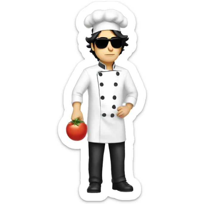 men with black sunglasses, black hair, dressed as chef, sad, with money in one hand and food on the other sticker
