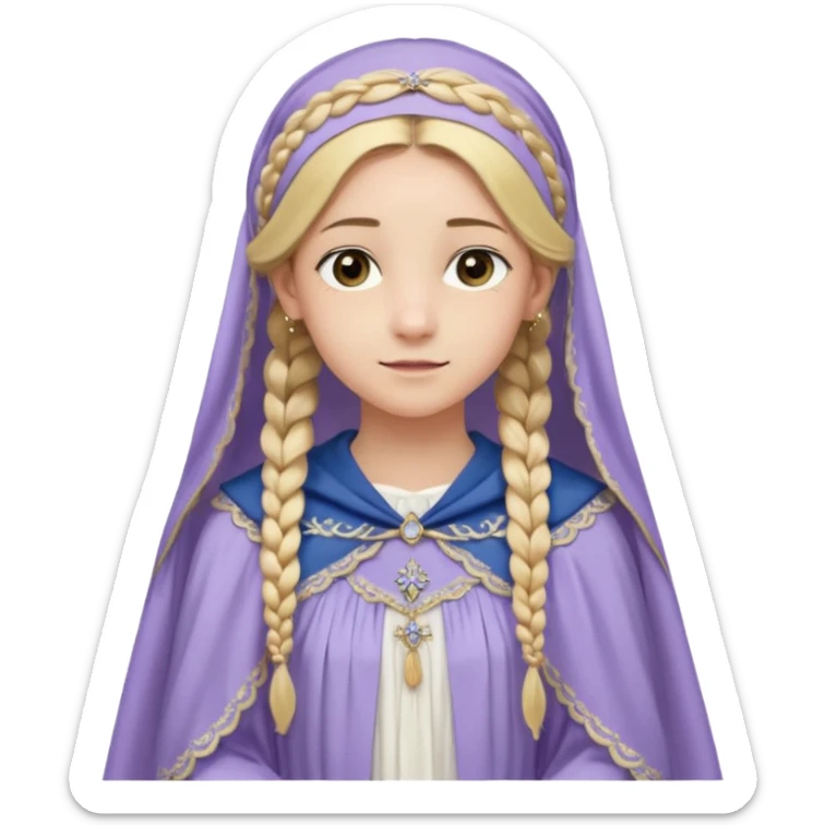 Joven de unos 20 años, de aspecto dulce y elegante.
Piel clara, ojosy expresivos, sonrisa triste.
Rubio o castaño claro, largo, con trenzas o velo.
-Vestido largo de tonos suaves (blanco, azul o lavanda), con bordados dorados; un manto o toca fina cubriendo la cabeza. de cuerpo entero  sticker