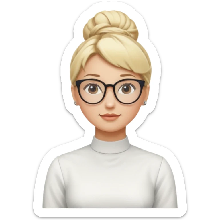Blonde Women with Bun, Office Woman – tight blonde high bun, glasses, white blouse, confident look, dress, big breasts sticker