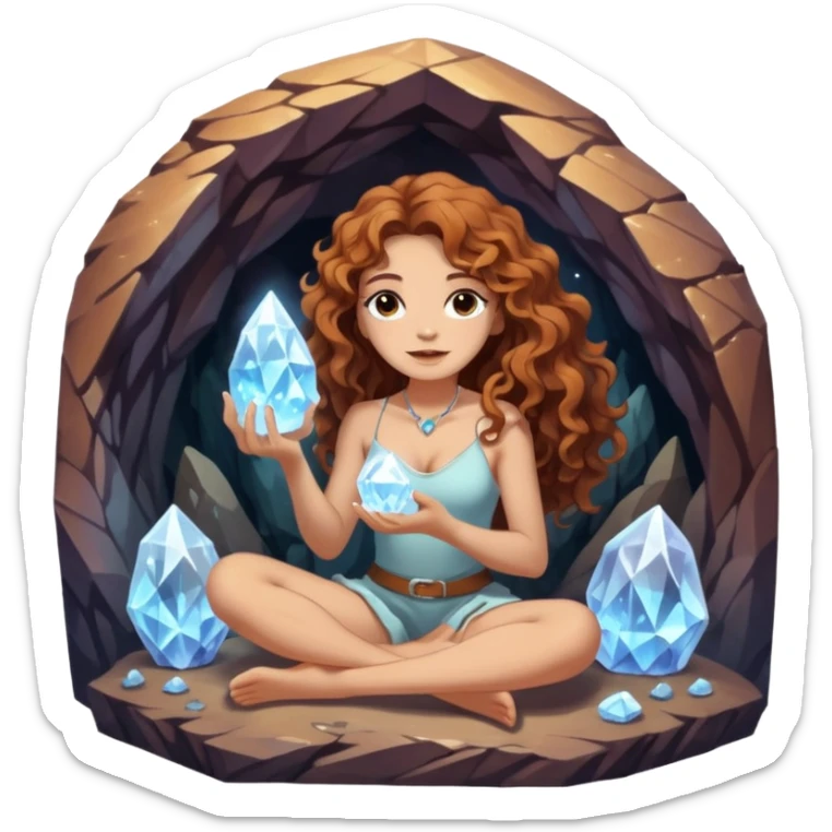 full body woman long curly brown hair brown eyes white skin tattoos sitting inside crystal cave opening, touching glowing quartz sticker