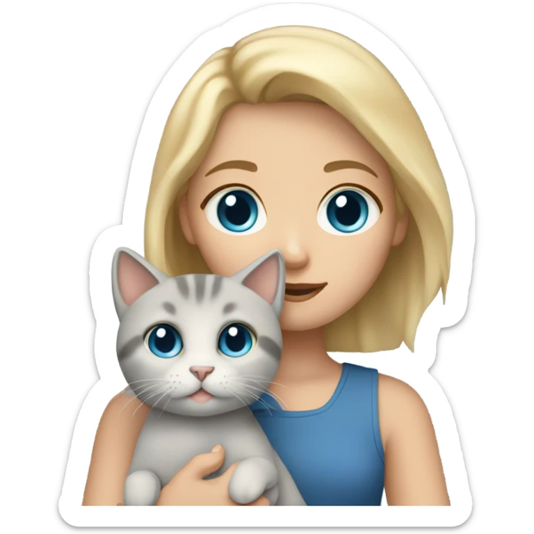 Short Blonde hair with blue eyes girl holding a gray cat  sticker