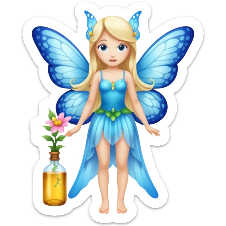 full body woman long blonde hair blue eyes white skin butterfly fairy wings and nectar bottle sticker