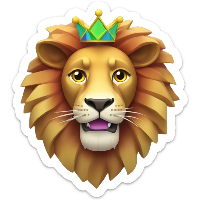 Create an emoji of a multicolored geometric lion with a golden crown, looking astonished with wide eyes and an open mouth. Use bright colors like green, yellow, blue, red, and purple, with a colorful circular background. sticker