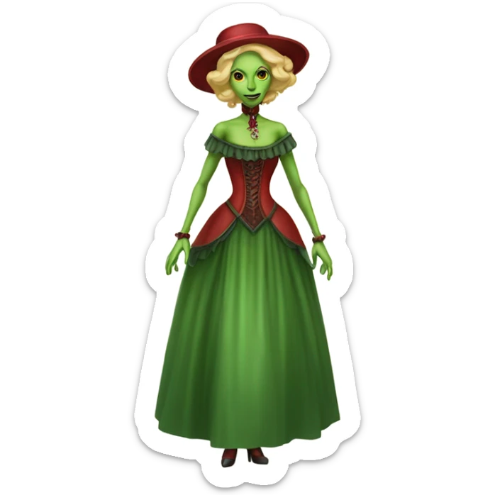 "galora green blonde alien woman" in red Victorian dress elegant, full body sticker