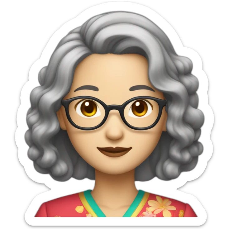 Chinese lady with like Lai gray hair wavy hair to the shoulder length where Chinese dress colourful dress wear glasses sticker