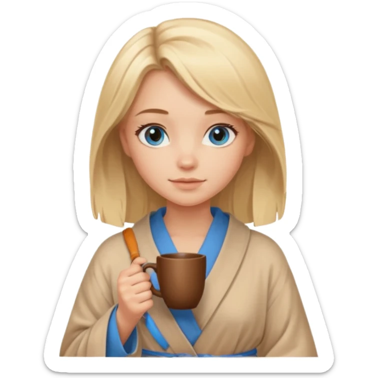cozy blonde girl with middle length hair and blue eyes holds a brown cup in beige  robe sticker
