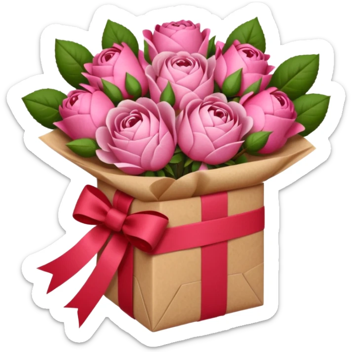 Bouquet of pink flower like rose and peony wrapped in kraft paper with red bow sticker
