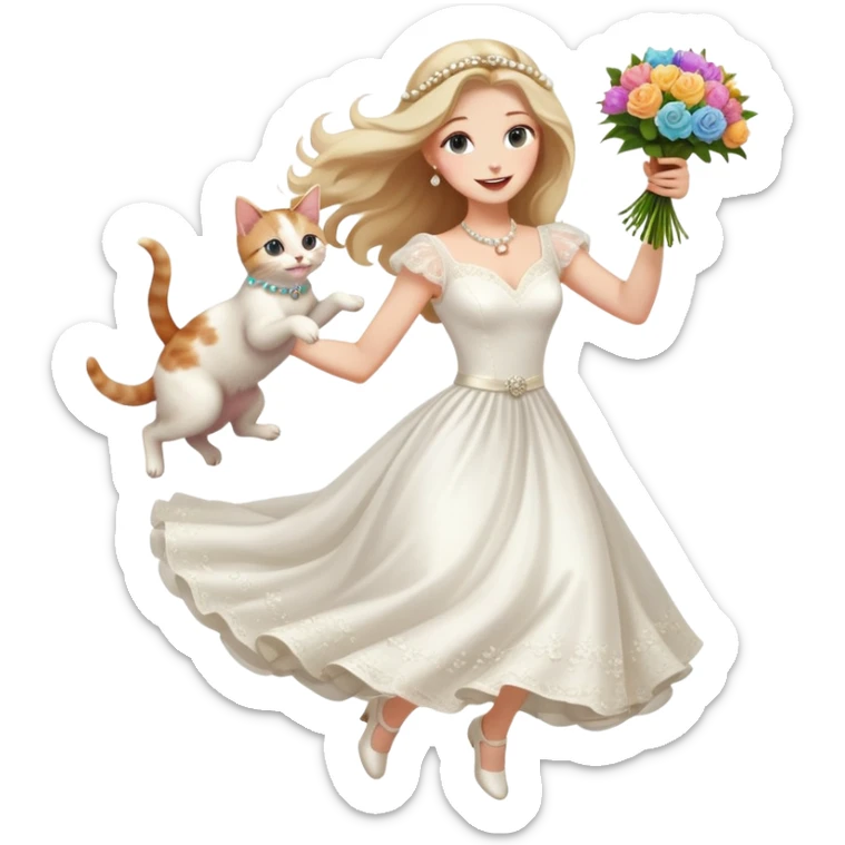 White woman - long hair - white wedding dress - holding a kitten - happy - jumping - fashionable - elegant - bouquet - dreamy - colorful - pearl accessories sticker