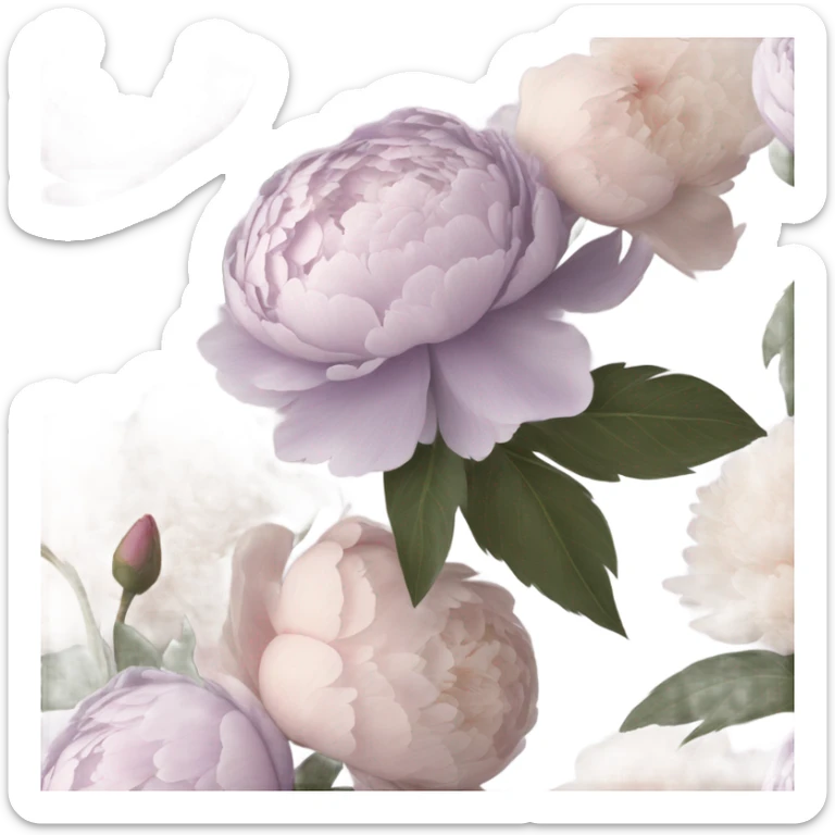 A vintage-inspired bouquet of pale violet and blush peonies resting on a lace-covered book. sticker