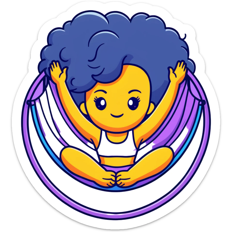 cartoon emoji of a bold girl with big hair, strong outline, expressive face, vibrant accents, subtle Leo accent, glamorous look, hint of yoga hammock, cosmic motifs, cheeky and confident sticker