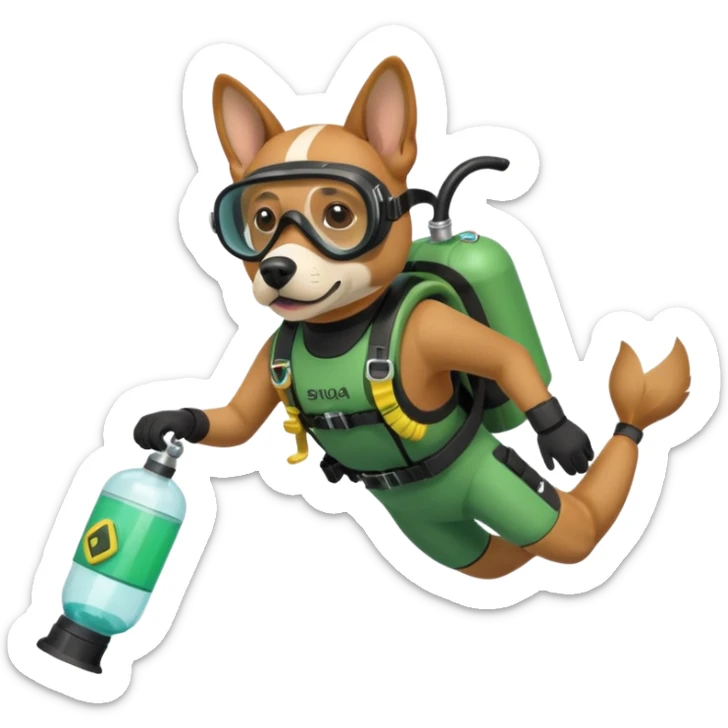 dog wearing scuba green gear dive into the sea with diver mask and oxygen tank sticker