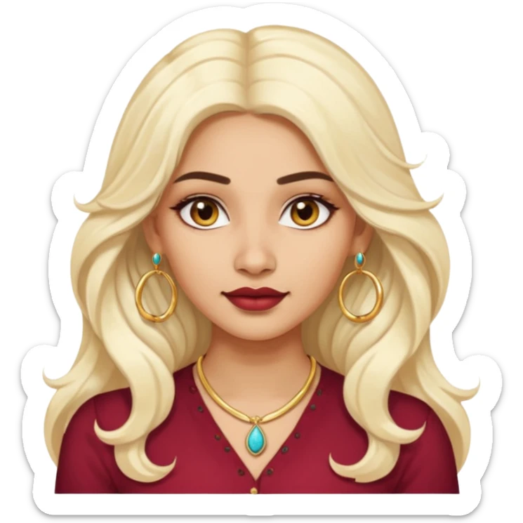 Attractive indian woman with a wide face, baddie look, Long wavy white-blonde hair and gold hoop earrings sticker