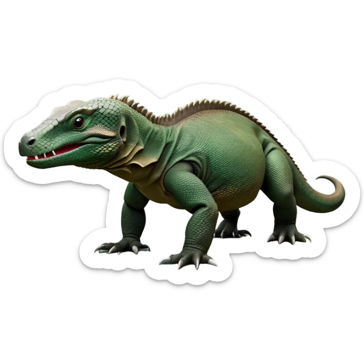 cinematic-komodo-dragon-realistic-full-body-standing on all fours-emoji,-massive-scaled-body-poised-with-quiet-power,-rough-textured-skin-dark-green-and-dark brown, black,-head-tilted-dramatically,-long-forked-tongue-flicking-out,-simplified-yet-realistic-focused-features,-highly-detailed,-glowing-with-an-almost-sarcastic-glow

 sticker