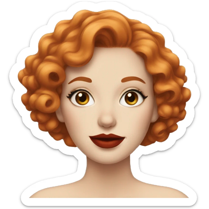 Pale Woman with short curly red hair, bright red lipstick and cat-eye makeup sticker