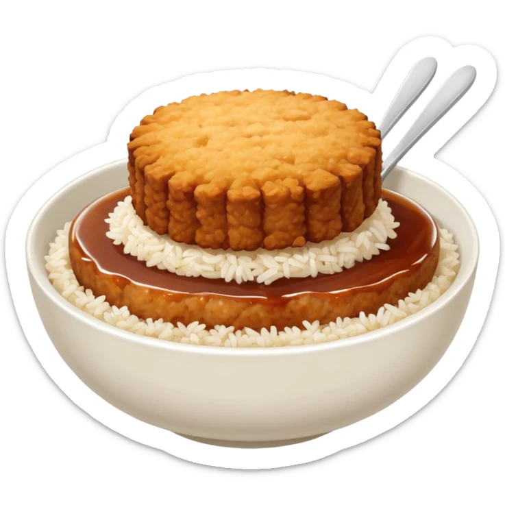 bowl filled with rice, a bit of brown sauce over the rice and a breaded pork cutlet over it. no cutlery or chopsticks anywhere sticker