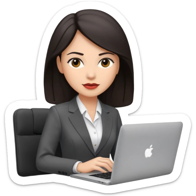 Sales women specialist in shipping with dark hair with suits and MacBook  sticker