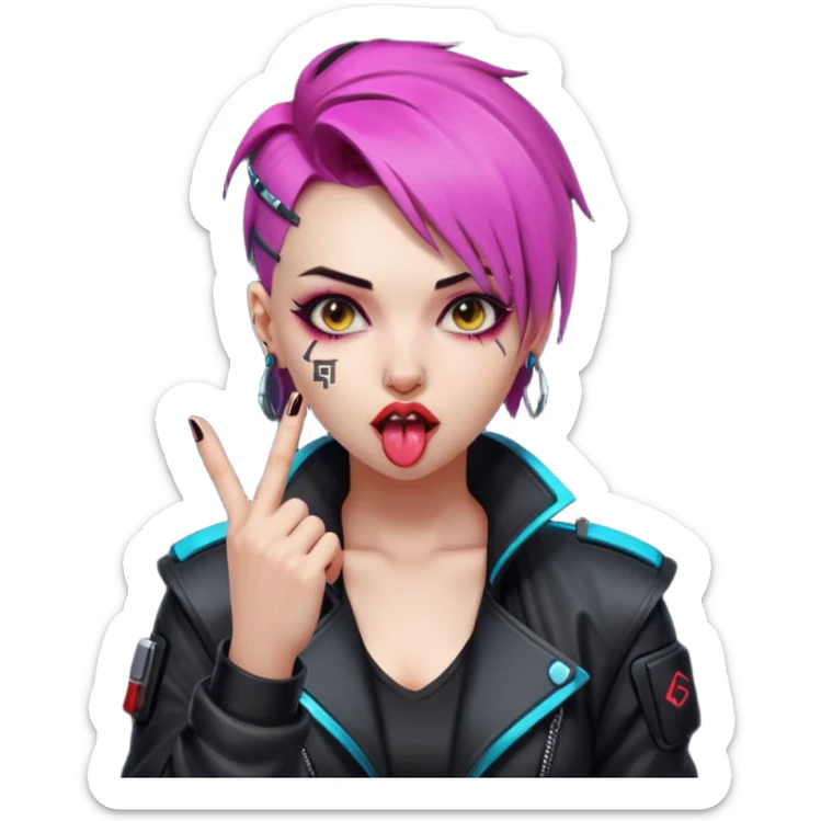 Woman with her tongue out in cyberpunk clothing and giving the middle finger. Looking naughty. sticker