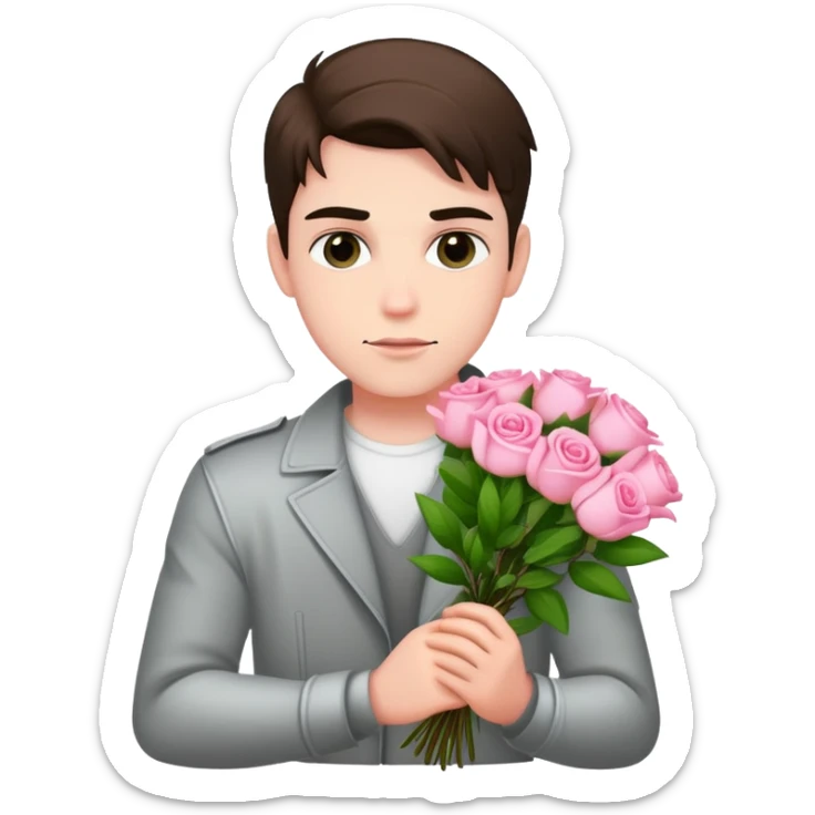 A cool bad boy with fair skin holding a bouquet of pink jasmine roses sticker