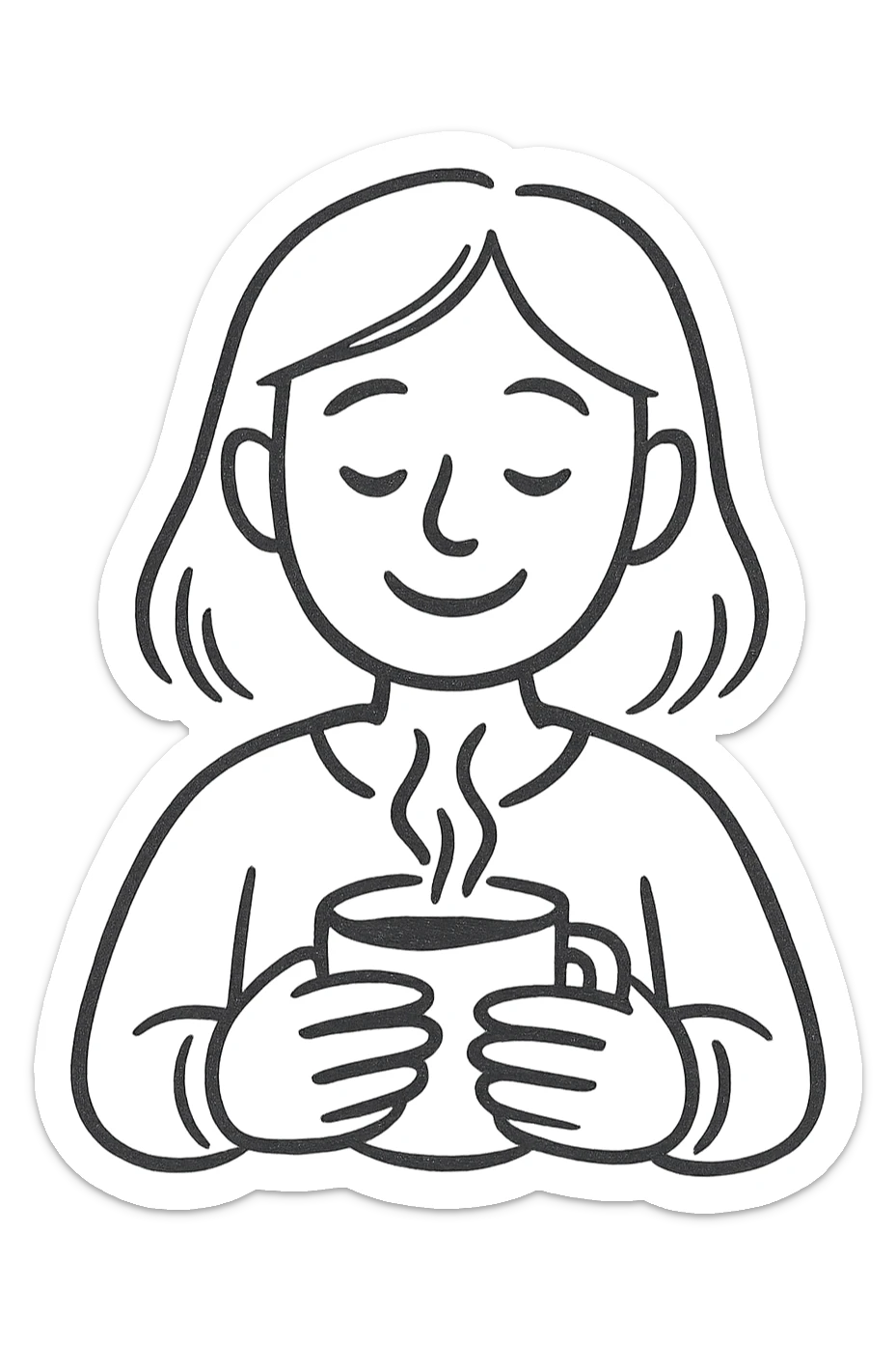casual pen sketch style emoji of a woman with a gentle smile, both hands around a steaming coffee cup, minimalistic lines, mostly black and white, cozy peaceful vibe, expressive face sticker
