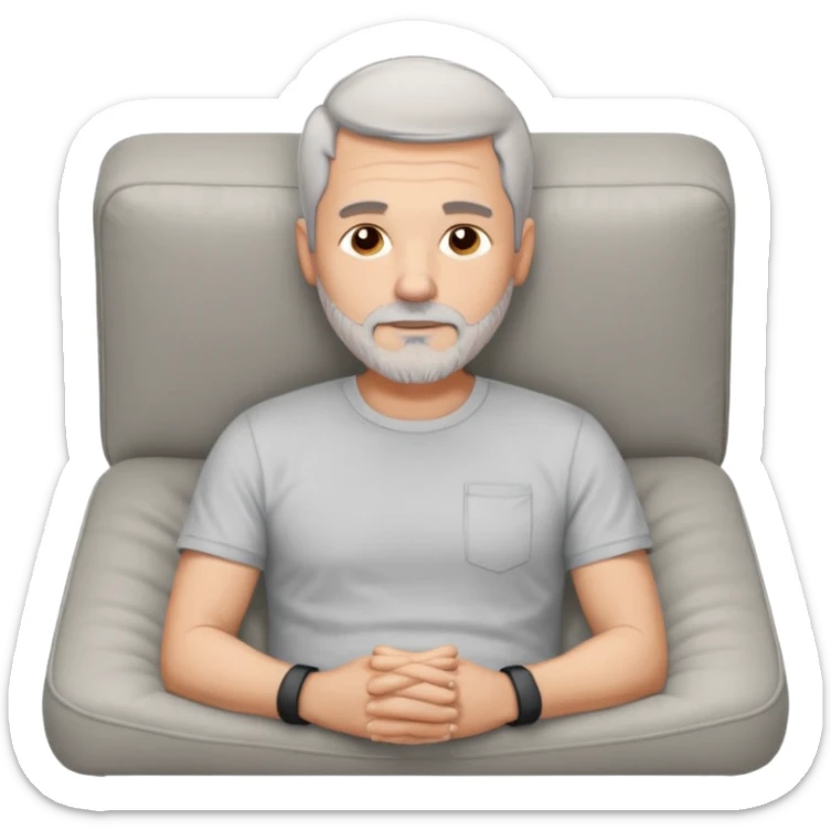 a 50 year man, short grey hair, stubble beard, laying on a ottoman of a light grey cord sofa, front view sticker