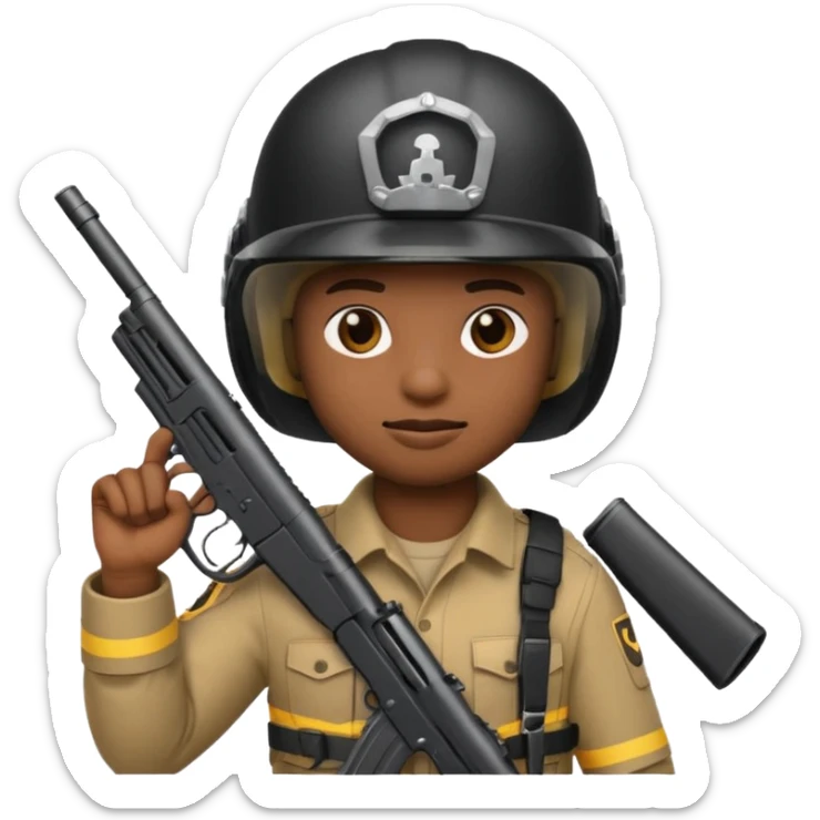create a emoji of a rookie holding a gun and wearing a helmet, it should be in a dark black with no color . sticker