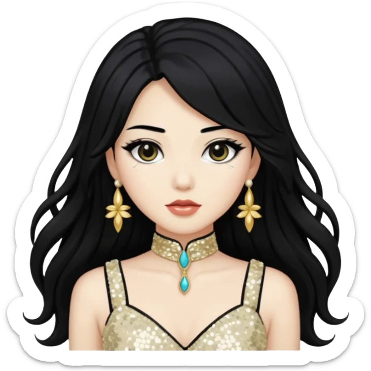 Anck Su Namun from Universal Monsters with long jet black hair, ivory sequin outfit  sticker