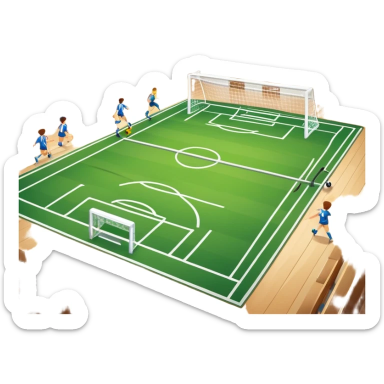 A mini-football match in an indoor sports hall with wooden flooring and clear field markings. The scene shows a vibrant game in action, with players positioned on the court, the goalposts visible, and the atmosphere filled with energy and focus. sticker