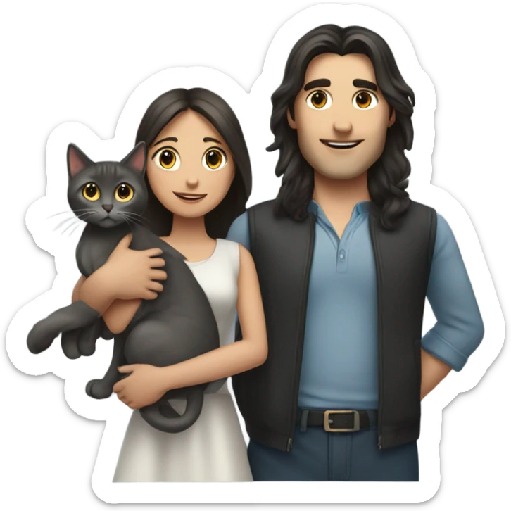 man with very long dark hair and brunette girl with grey cat in her arms sticker