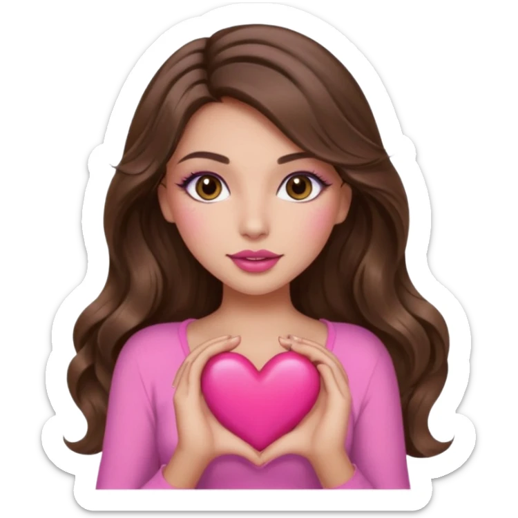 girl with long wavy brown hair, brown eyes, long lashes makeup, sexy pink lips, light to medium complexion, wearing a pink sexy top, holding a big heart sticker