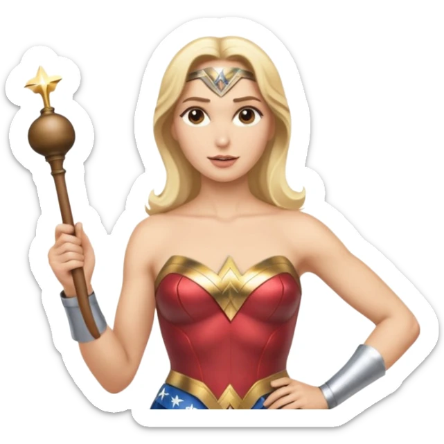 Blonde Wonder Woman holding short white orchestra conductor’s baton and bell sticker