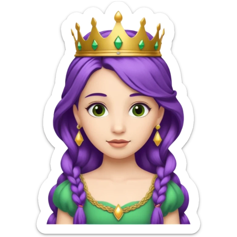 Princesses, with Gold Crown on purple braid hair, with green dress sticker