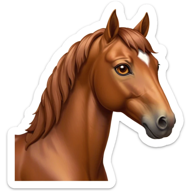 Cinematic Noble Chestnut Horse Portrait Emoji, Poised and regal, with a strong, athletic build and a lustrous, well-groomed chestnut fur, deep-set soulful amber eyes, Simplified yet sharp and sophisticated features, highly detailed, glowing with a warm, dignified glow, high shine, intelligent and majestic, stylized with an air of equine elegance, focused and attentive, soft glowing outline, capturing the essence of a watchful and confident steed, so majestic it feels as though it could gallop out of the screen with effortless authority! sticker