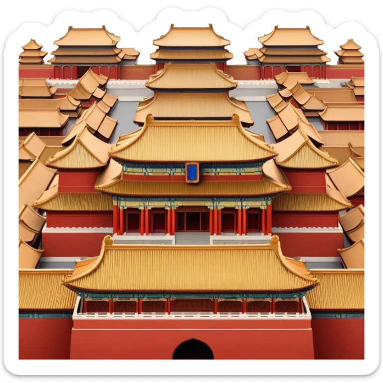 Cinematic Realistic Forbidden City Landmark Emoji, depicting grand imperial architecture with golden rooftops, vast courtyards, and intricate wooden carvings, all surrounded by towering red walls. sticker