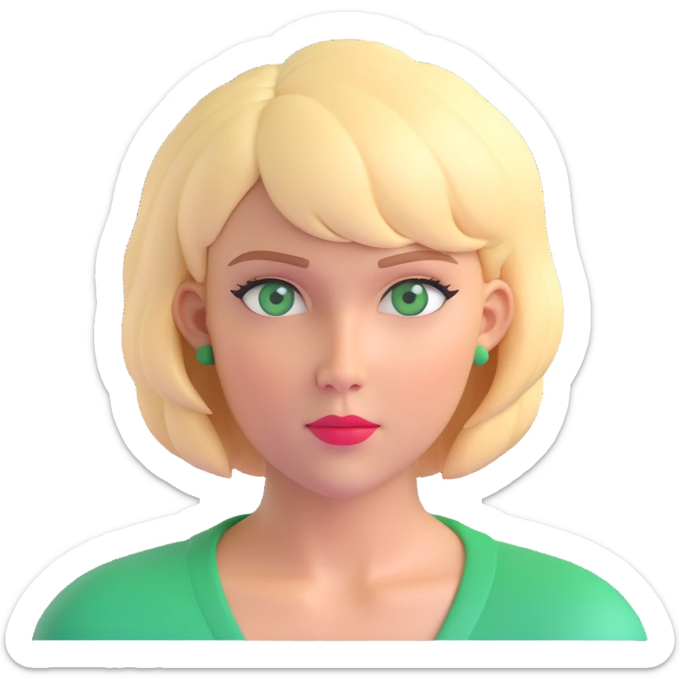 woman with thick blonde short hair and green eyes, looking to the side, bust portrait sticker