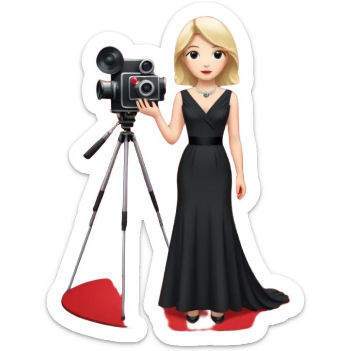 an actress standing on a red carpet with a formal dress, with a film camera next to her. sticker