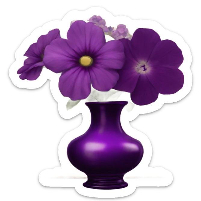 An aesthetic arrangement of a violet vintage book and dark magenta flowers in a light violet glass vase, surrounded by antique letters sticker