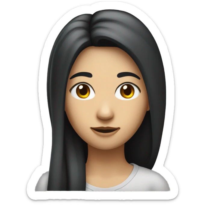 woman, hair to shoulders, normal nose, small lips, big cheaks, long eyebrowns, hair a bit on the forehead, big shoulders, black hair, apple ios memo sticker