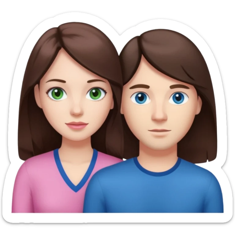 pink polaroid photo of a couple thats white with long brunette hair blue eyes and a white guy with short brunette hair and green eyes sticker