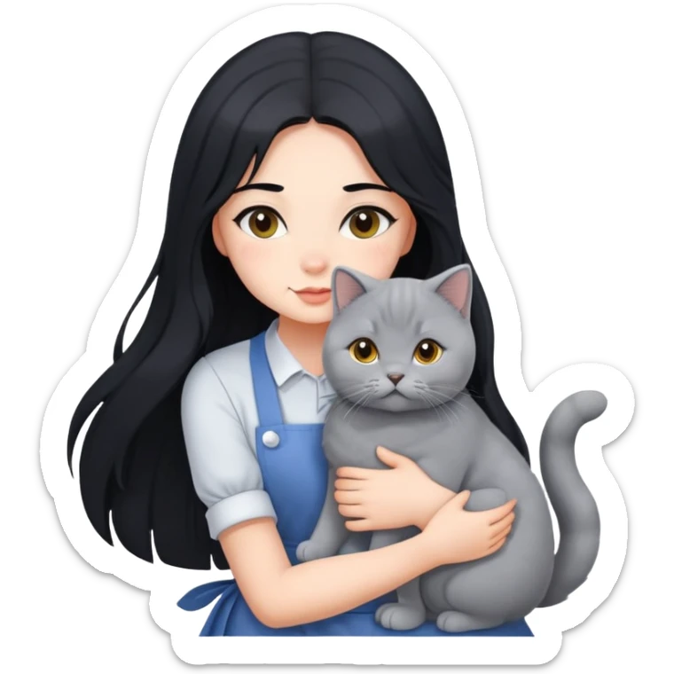 A beautiful girl with long black hair wearing an apron dress hugs a British Shorthair sticker