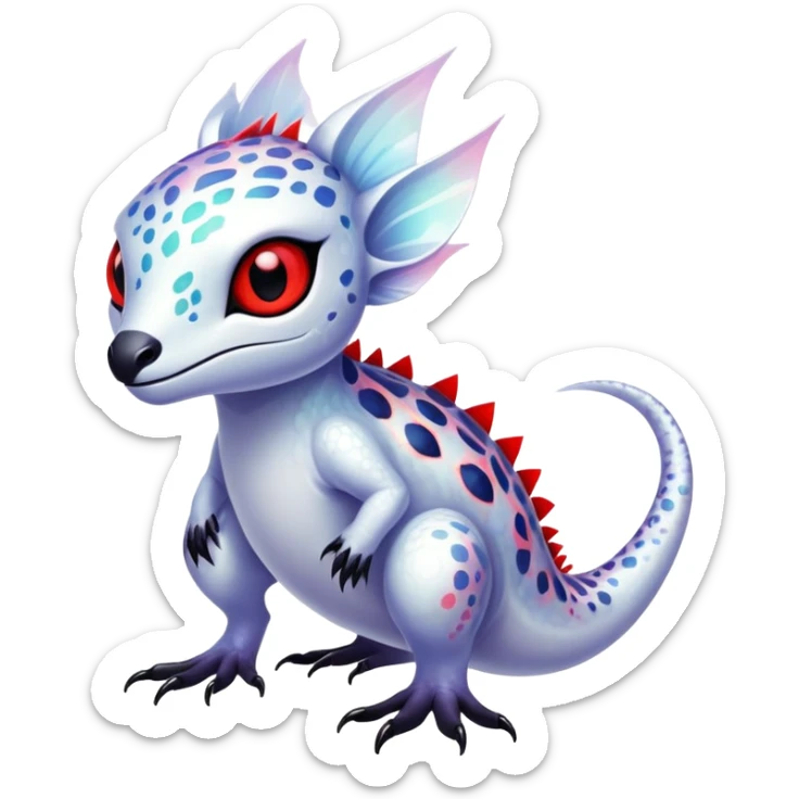 a translucent white with black belly and red eyes exotic edgy vernid-fionbri-creature with splash patterns full body sticker