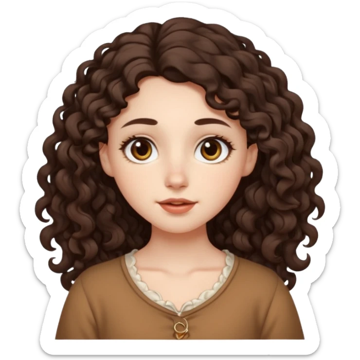 Aesthetic white girl with long curl hair color dark brown (almost black, but more brownish), big almond shape eyes color brown, small wide nose, natural lips, sweet expression. Dressed with a  cute top sticker