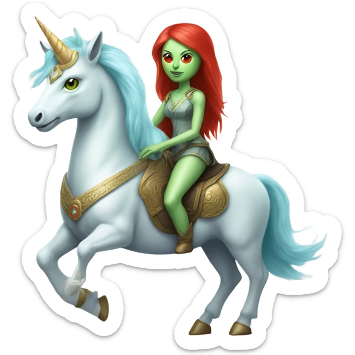 [politically incorrect
	{ woman: alien, color: light green, hair:red, eyes:cat} ]
	on a 
	[{ unicorn: white, legged:four, mane: light blue }] sticker