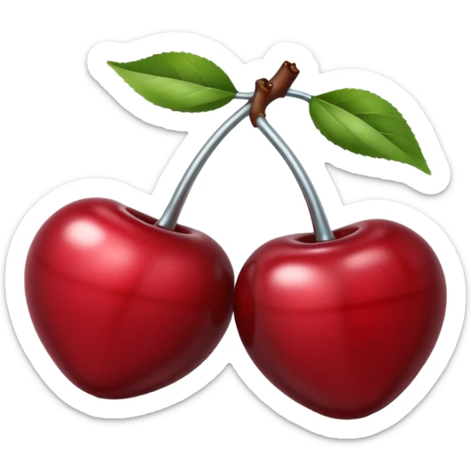 A pair of cherries emoji made of polished silver chrome, smooth rounded shapes, glossy metallic finish, soft highlights and reflections, cute proportions, iOS emoji style, centered, clean white background, no text sticker