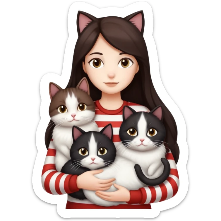 A girl with long dark brown hair is holding 3 cats, 1 cat is black and white, the second cat is completely white, the third cat is brown with white stripes but predominantly brown, they are fat, soft and fluffy cats sticker