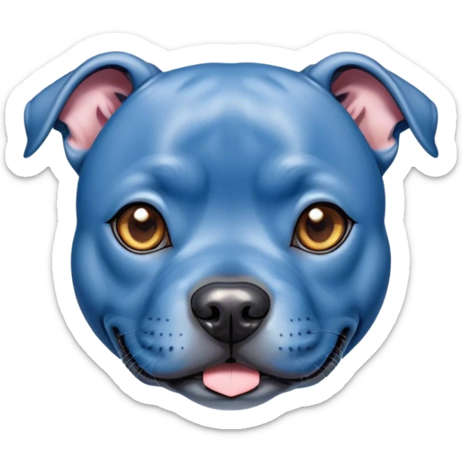 Cinematic Cute Blue Staffordshire Bull Terrier Portrait Emoji, Head tilted playfully and inquisitively, featuring a glossy blue Fur with a healthy sheen, round, sparkling dark eyes filled with curiosity, Simplified yet irresistibly adorable features, highly detailed, glowing with a warm, friendly glow, high shine, affectionate and spirited, stylized with a touch of whimsy, bright and endearing, soft glowing outline, capturing the essence of a mischievous yet loving pup, so playful it feels like it could bound out of the screen and into your arms! sticker
