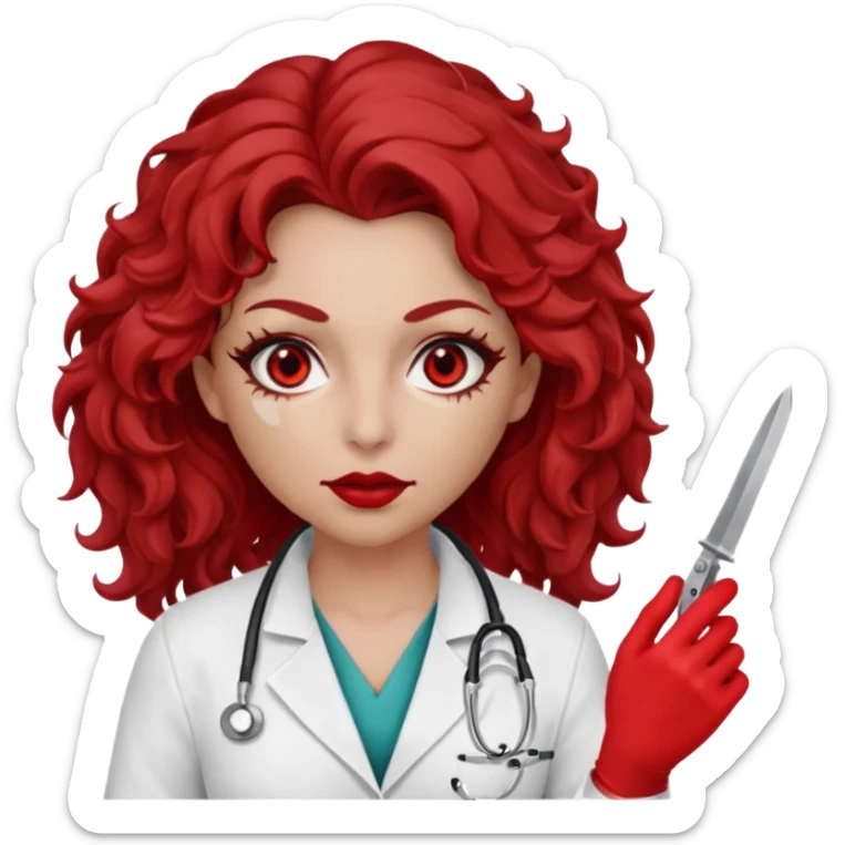Lilith scalpel in hand, evil surgeon sexy surgeon clothes.  She has red eyes. She brown long curly hair. Wears sexy doctor outfit with red gloves. Hides mouth necknose with red bandana to hide her identity. Hair is long and brown sticker